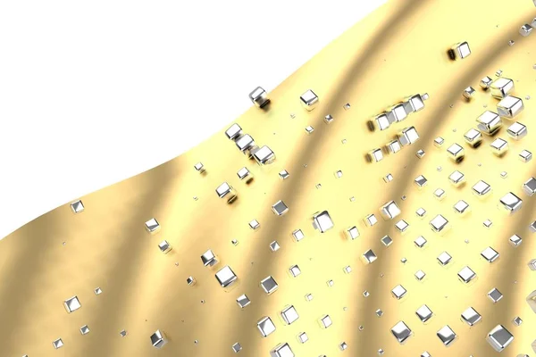 Silber- oder Weißgold-Platinwürfel auf metallgelbem Wellenhintergrund. Modellierung 3D-Illustration. Wohlstand reiche Mining-Bitcoin-Konzept. Geld wächst Geschäft finanziert Erfolg clipart — Stockfoto
