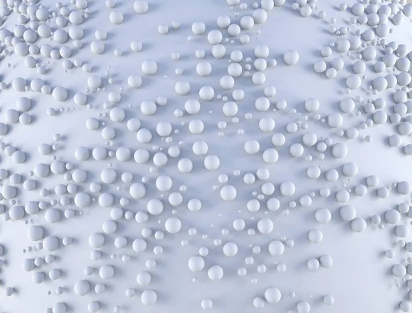 Fondo abstracto con muchas esferas con escala aleatoria en el plano blanco. Ilustración de representación 3d — Foto de Stock