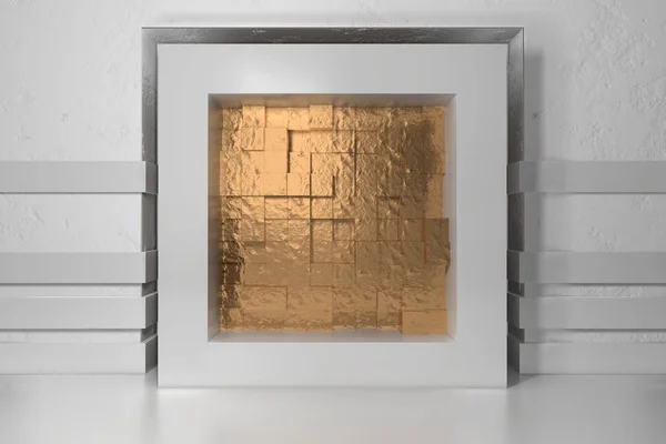 Minimalismo, maqueta de póster, interior de la ilusión 3d. Marco blanco en un nicho en la pared enyesada blanca llena de bloques de cajas de desplazamiento caóticos dorados —  Fotos de Stock