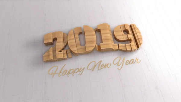 2019 geïsoleerd cijfers letters geschreven door hout en gouden Happy New jaar op witte achtergrond. Selectieve aandacht macro geschoten met ondiepe Dof. 3D illustratie — Stockfoto