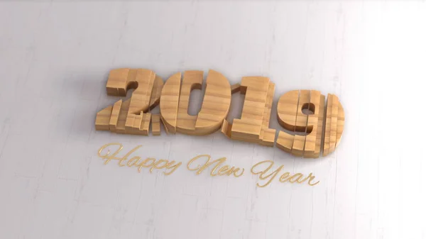 2019 geïsoleerd cijfers letters geschreven door hout en gouden Happy New jaar op witte achtergrond. Selectieve aandacht macro geschoten met ondiepe Dof. 3D illustratie — Stockfoto