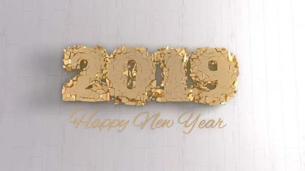 Gelukkig Nieuwjaar 2019 geïsoleerd cijfers letters geschreven door goud op witte achtergrond. 3D illustratie — Stockfoto
