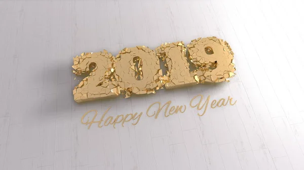 Gelukkig Nieuwjaar 2019 geïsoleerd cijfers letters geschreven door goud op witte achtergrond. 3D illustratie — Stockfoto
