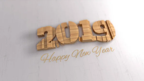 Gelukkig Nieuwjaar 2019 geïsoleerd cijfers letters geschreven door hout op witte achtergrond. Selectieve aandacht macro geschoten met ondiepe Dof 3d illustratie — Stockfoto
