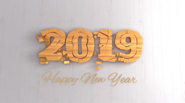 Gelukkig Nieuwjaar 2019 geïsoleerd cijfers letters geschreven door hout op witte achtergrond — Stockfoto