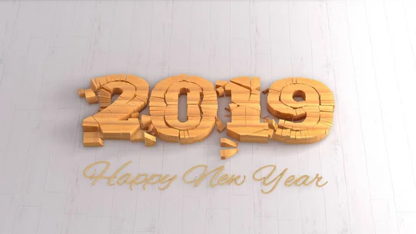 Feliz año nuevo 2019 números aislados letras escritas por madera sobre fondo blanco —  Fotos de Stock