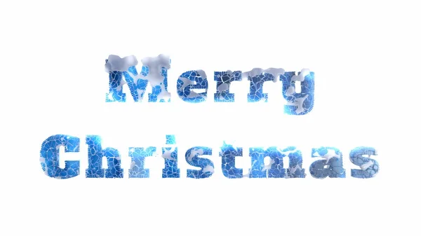 Весёлые рождественские надписи, написанные замерзшим растрескавшимся льдом, покрытым снегом, изолированным на белом фоне. 3d иллюстрация — стоковое фото