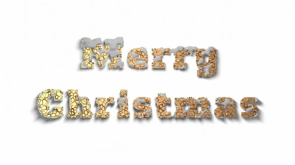 Merry Christmas lettering written by cracked gold covered by snow isolated on white background. 3d illustration — Stock Photo, Image