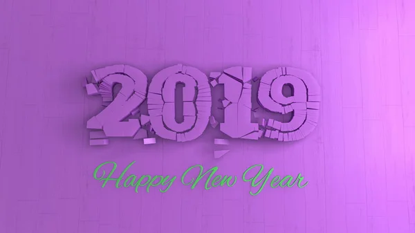 Feliz año nuevo 2019 letras números aislados escritos por madera rosa y verde sobre fondo violeta. ilustración 3d —  Fotos de Stock