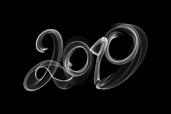 Boldog új évet 2019 elszigetelt számok betűkkel írt tűz lángja, vagy füst a fekete háttér — Stock Fotó