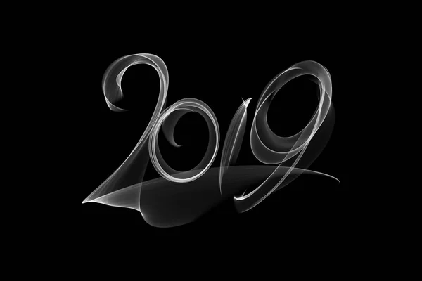 Felice anno nuovo 2019 numeri isolati lettering scritto con fiamma di fuoco o fumo su sfondo nero — Foto Stock