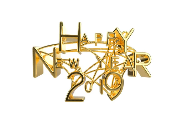 Happy New Year 2019 Christmas elegant golden lettering word with letters bound by strings isolated on white background. Holyday 3D illustration — Stock Photo, Image