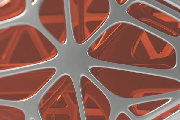 Concept abstrait de rendu 3D de haute architecture poly avec acier et verre, structure muléculaire cellulaire à grille de maille chaotique. Fond de science-fiction avec forme polygonale dans la brume ou l'air de brouillard. Futuriste — Photo