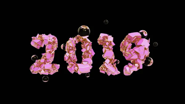 Feliz Año Nuevo Banner con color rosa de moda 2019 Números hechos por piedra rota agrietada aislada en rosa Fondo con esferas de vidrio voladoras. abstracto 3d ilustración —  Fotos de Stock