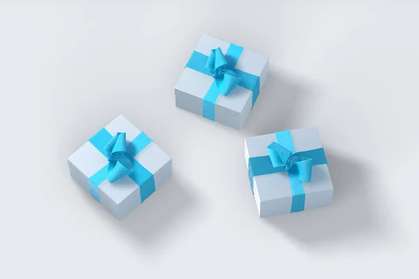 2018 Natale Capodanno scatole regalo bianche con fiocchi blu di nastri isolati sullo sfondo bianco. Illustrazione 3d — Foto Stock