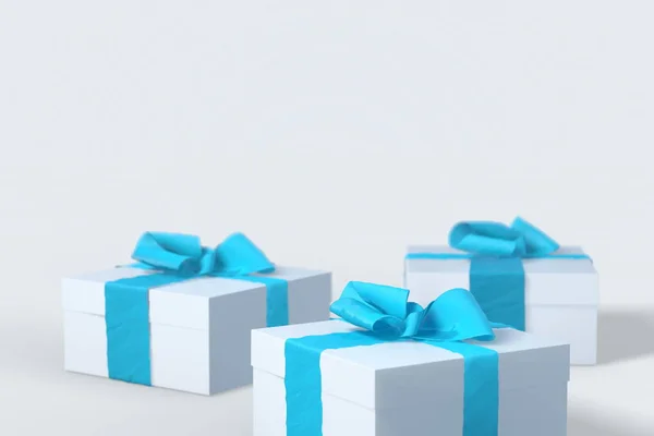 2018 κουτιά δώρων Χριστουγέννων Πρωτοχρονιάς λευκό με μπλε τόξα κορδέλες που απομονώνονται σε λευκό φόντο. 3D απεικόνιση με copyspace για το κείμενο — Φωτογραφία Αρχείου
