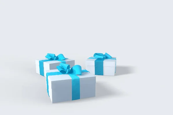 2018 Natal Ano Novo caixas de presente branco com arcos azuis de fitas isoladas no fundo branco. ilustração 3d com copyspace para o seu texto — Fotografia de Stock