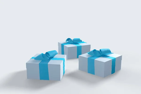 2018 Natal Ano Novo caixas de presente branco com arcos azuis de fitas isoladas no fundo branco. ilustração 3d com copyspace para o seu texto — Fotografia de Stock