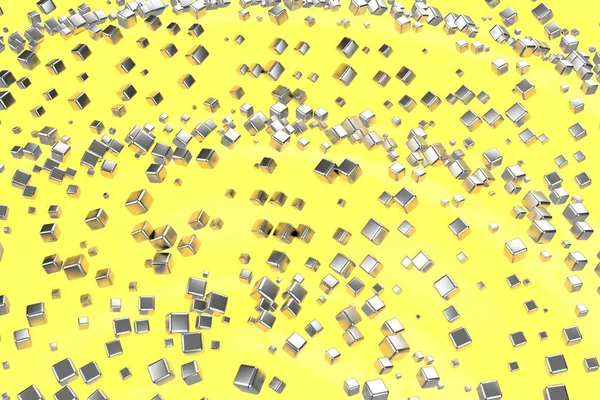 Argent ou or blanc blocs de platine cubes sur fond de vague jaune clair. Modélisation d'illustration 3D. richesse riche exploitation minière Bitcoin concept. Monnaie croissante entreprise finance succès clipart — Photo