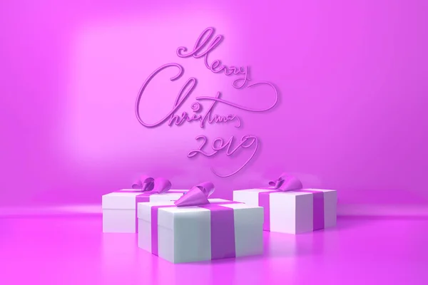 Feliz Navidad 2019 letras escritas en la pared de color rosa de moda y tres cajas de regalo presentes con lazos al lado. ilustración 3d —  Fotos de Stock