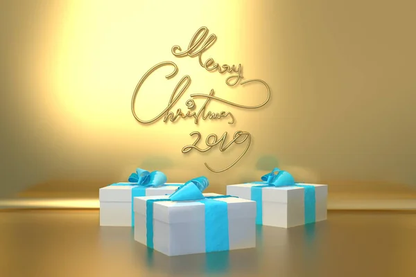 Feliz Navidad 2019 letras escritas en la pared de color oro de moda y tres cajas de regalo presentes con lazos al lado. ilustración 3d —  Fotos de Stock