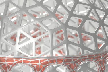 Yüksek poly mimari çelik ve cam, kaotik Kafes Izgara hücresel mulecular yapısı ile 3D render kavramı soyut. Bilim-kurgu arka sis veya sis hava çokgen şeklinde. Fütüristik