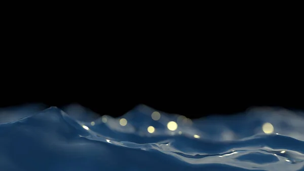 Primer plano de la hermosa superficie de agua de mar azul turquesa con ondulaciones y olas aisladas en el fondo negro de la noche del paisaje marino. ilustración horizontal 3d imagen con copyspace para su —  Fotos de Stock