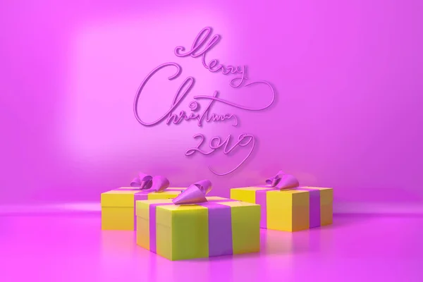 Feliz Navidad 2019 letras escritas en la pared de color rosa de moda y tres cajas de regalo presentes con lazos al lado. ilustración 3d —  Fotos de Stock