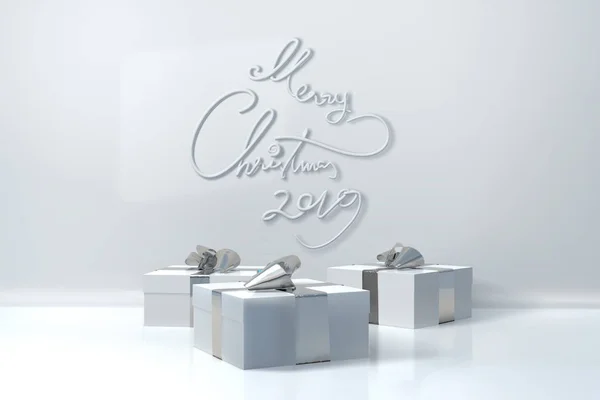Feliz Navidad 2019 letras escritas en la pared de color blanco y tres cajas de regalo presentes con lazos al lado. ilustración 3d —  Fotos de Stock