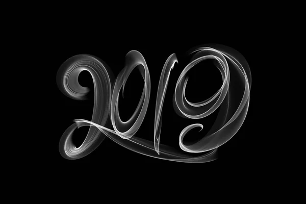 Feliz Ano Novo 2019 números isolados letras escritas com chama de fogo ou fumaça no fundo preto — Fotografia de Stock