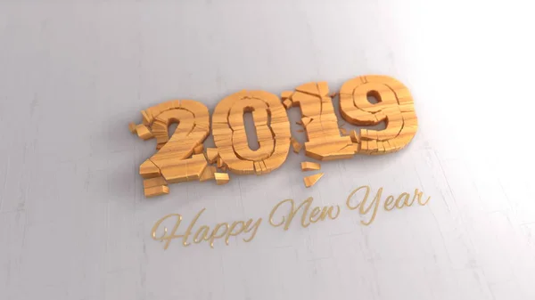 Gelukkig Nieuwjaar 2019 geïsoleerd cijfers letters geschreven door hout op witte achtergrond. 3D illustratie — Stockfoto