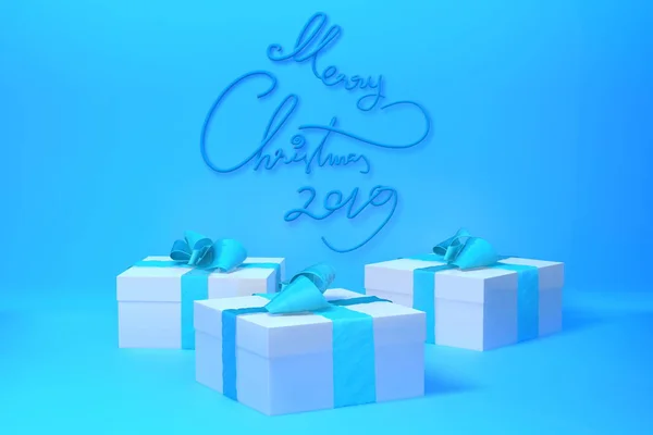 Feliz Navidad 2019 Letras Escritas Pared Color Azul Tres Cajas —  Fotos de Stock