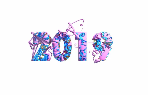Feliz Ano Novo Banner com 2019 cor rosa da moda Números feitos por matéria plástica e orgânicafundo branco. ilustração 3d abstrato — Fotografia de Stock