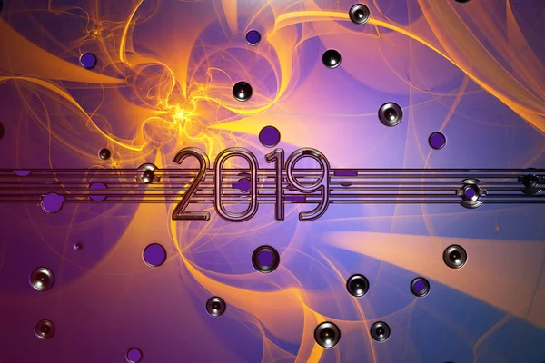 Щасливого нового року банер з 2019 зроблені металу чисел покриті аерографія над стіни барвистий фон повний раунд отвори. Анотація 3d ілюстрація — стокове фото