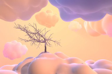 Yeni yıl kartı Noel ağacı soyut toon bulutlar ve snowdrifts kar ile kaplı. Kavramsal sanat 3d çizim