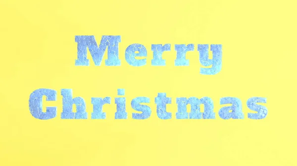 Frohe Weihnachten Schriftzug geschrieben von gefrorenem Eis rissig isoliert auf gelbem Hintergrund. 3D-Illustration — Stockfoto