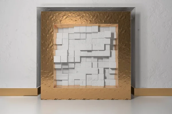 Minimalisme, maquette d'affiche, intérieur de l'illusion 3D. Cadre doré dans une niche dans le mur plâtré blanc rempli de blocs de boîtes décalées chaotiques blanches — Photo