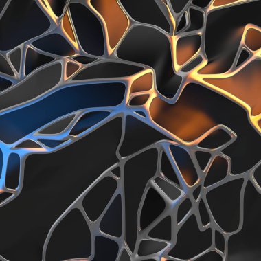 Altın çerçeve ile kaotik siyah manzara yapısının Soyut 3d render. Boş alanda fütüristik şekli