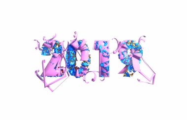 Mutlu yeni yıl afiş 2019 ile moda pembe renk numaralarını plastik ve organik matterwhite arka plan tarafından yapılmış. Soyut 3d çizim