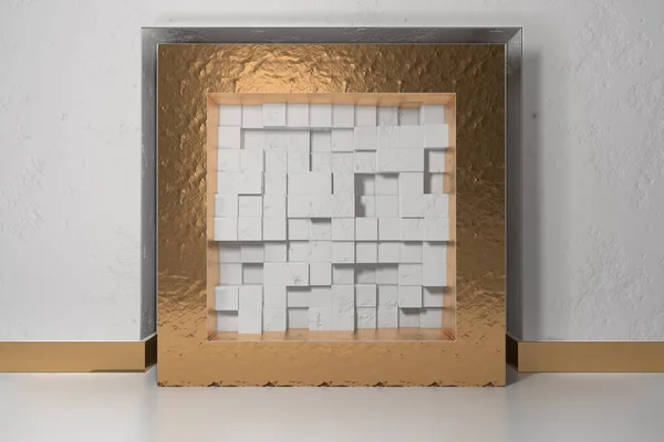 Minimalisme, maquette d'affiche, intérieur de l'illusion 3D. Cadre doré dans une niche dans le mur plâtré blanc rempli de blocs de boîtes décalées chaotiques blanches — Photo