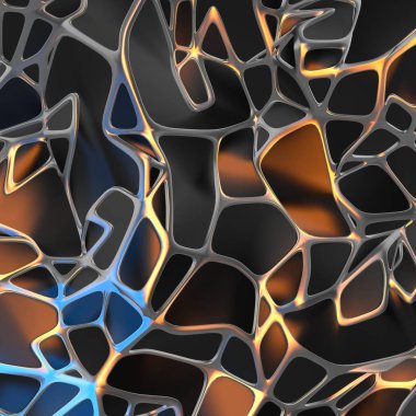 Altın çerçeve ile kaotik siyah manzara yapısının Soyut 3d render. Boş alanda fütüristik şekli