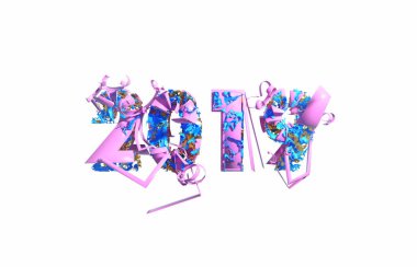 Mutlu yeni yıl afiş 2019 ile moda pembe renk numaralarını plastik ve organik matterwhite arka plan tarafından yapılmış. Soyut 3d çizim