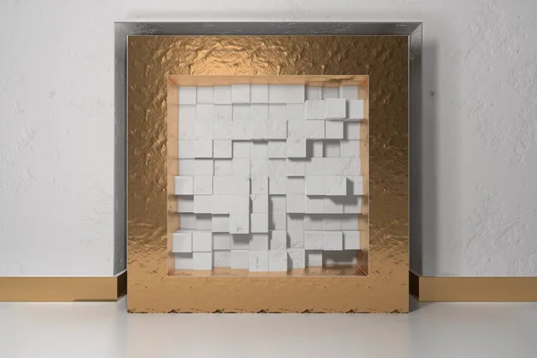 Minimalism, mock up poster, 3d illutration interior. Golden frame in a niche in the white plastered wall filled with white chaotic shifted boxes blocks — Stock Photo, Image