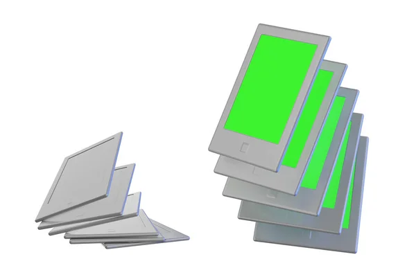 Grupo de modernos libros de bolsillo electrónicos, aislados en blanco con imagen de pantalla verde y espacio de copia maqueta 3d ilustración — Foto de Stock