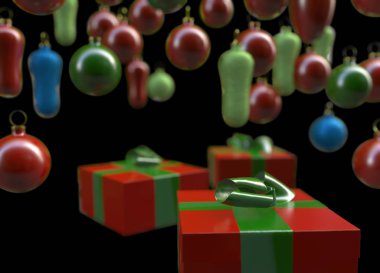 Renkli topları süslemeleri arka plan üzerinde şerit yay ile yılbaşı yeni yıl renkli kırmızı ve yeşil hediye kutuları. Tebrik kartı tatil gelin teli ile. 3D çizim. Siyah izole nesneleri