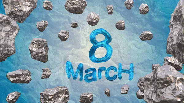 8 maart-symbool. Figuur van acht gemaakt van blauwe stad blokken of bont vliegen in de ruimte met asteroïden. Kan worden gebruikt als een decoratieve groet grungy of briefkaart voor internationale Womans Day. 3D — Stockfoto