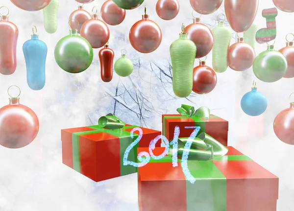 크리스마스 새 해 화려한 붉은 색과 녹색 선물 상자 리본 배경 공 훈장의 리본으로 합니다. 인사말 카드 크리스마스 틴 셀입니다. 3 차원 일러스트 레이 션 — 스톡 사진