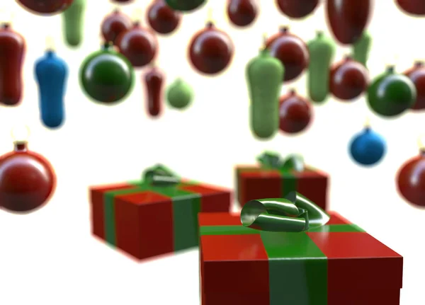 Різдвяний Новий Рік барвисті червоні і зелені подарункові коробки з бантами стрічок на фоні барвистих кульок прикрас. Вітальна листівка з святковою мішурою. 3d ілюстрація. Ізольовані об'єкти на білому — стокове фото