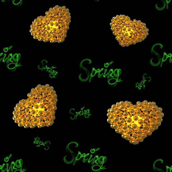 Palabra de letras verde primavera hecha de humo aislado sobre fondo negro con corazón. Patrón de diseño sin costuras. ilustración 3d —  Fotos de Stock