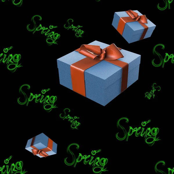 Palabra de letras verde primavera hecha de humo aislado sobre fondo negro con caja de regalo. Patrón de diseño sin costuras. ilustración 3d —  Fotos de Stock